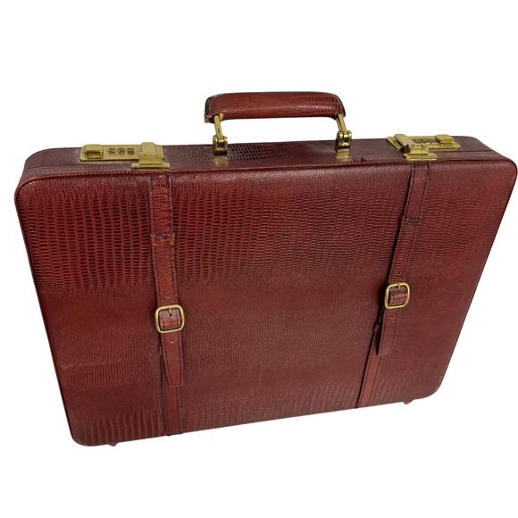 Vintage Faux Snakeskin Leather Briefcase Brief Case Burgundy w/ Combination Lock